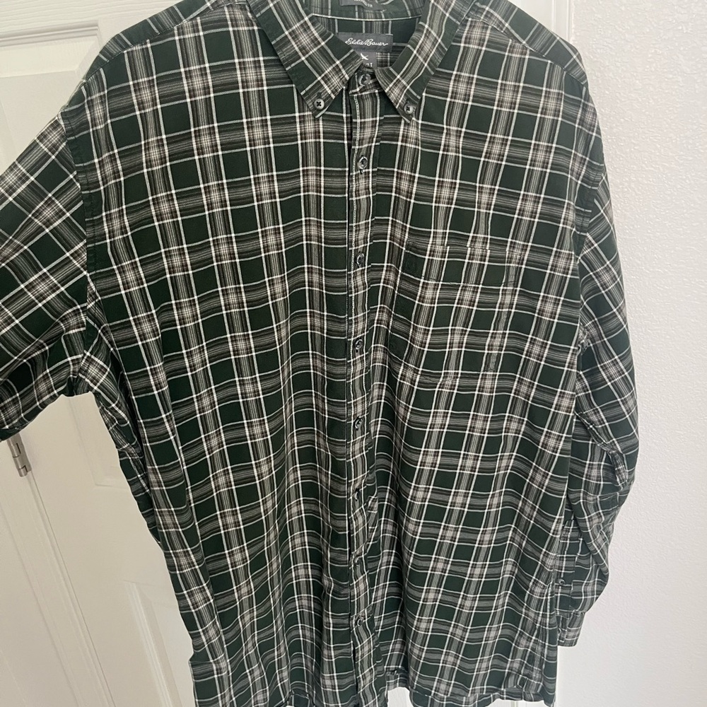 Eddie Bauer Men's Green and White Plaid Shirt